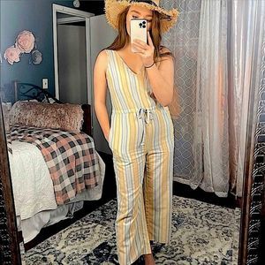 Yellow and blue striped jump suit